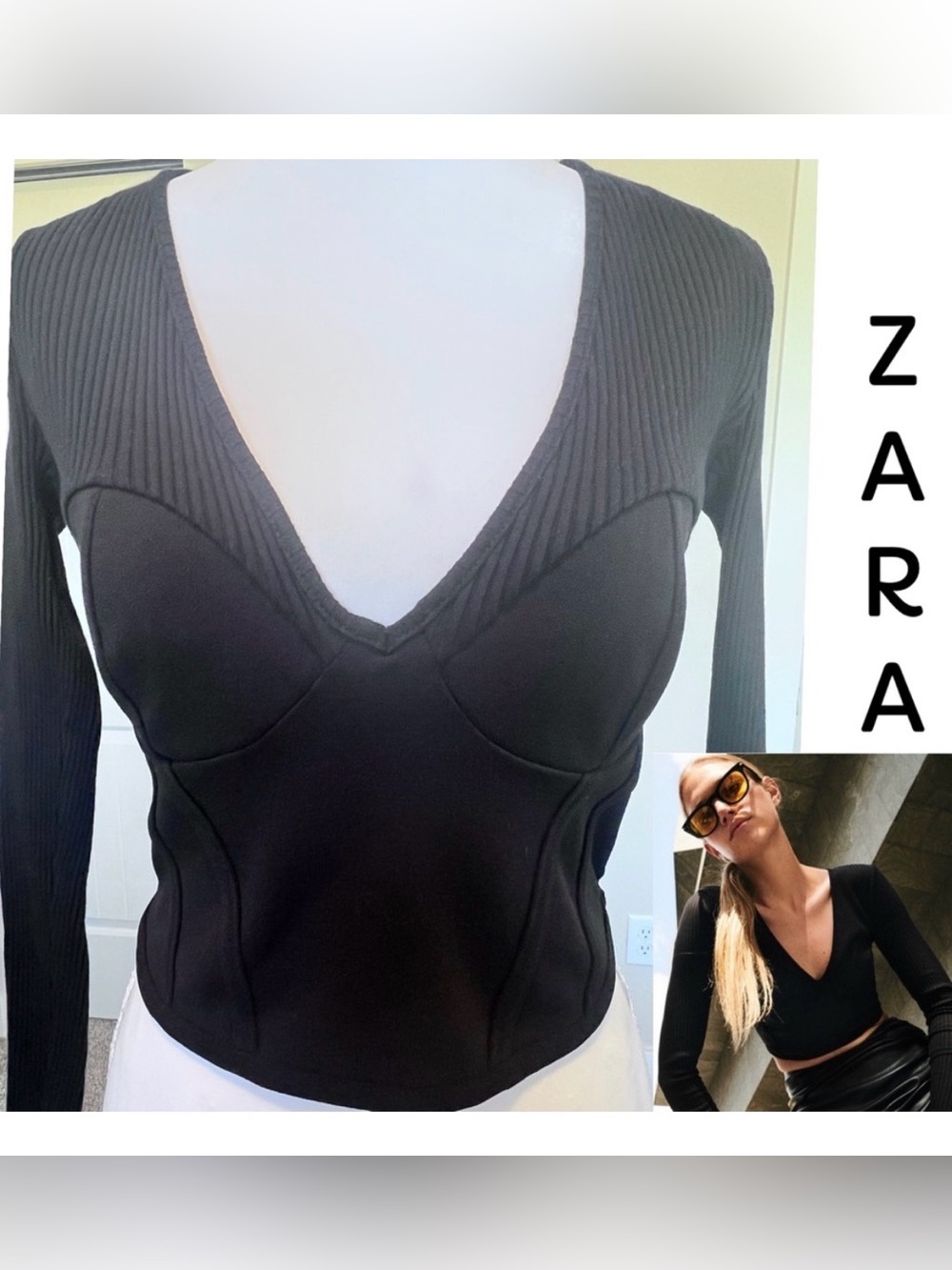 Zara Black Ribbed Long Sleeve Bustier
Corset Style Crop Top Sz Small